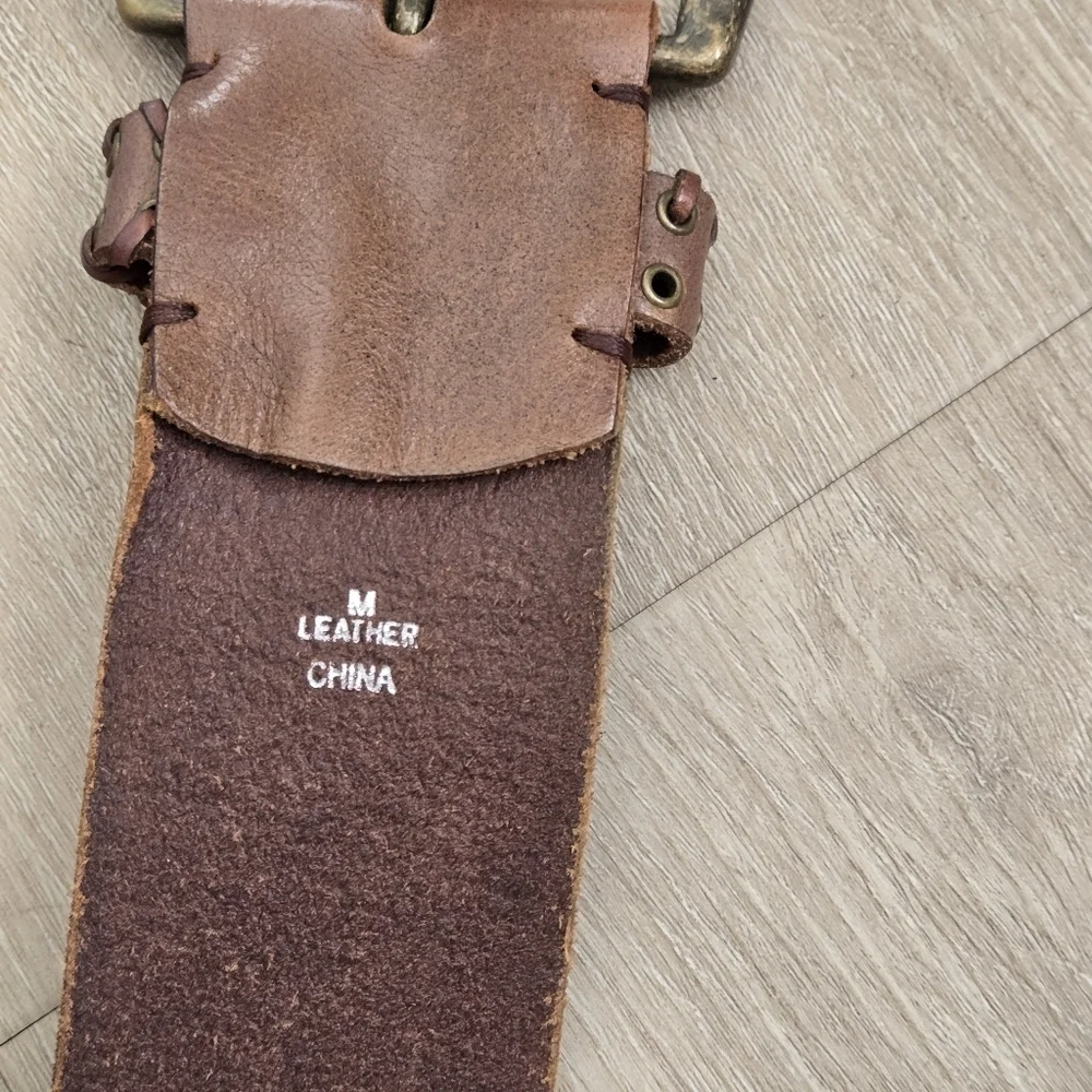 Express Vintage Leather Whipstitch Studded Western Belt with Brass Buckle Size M